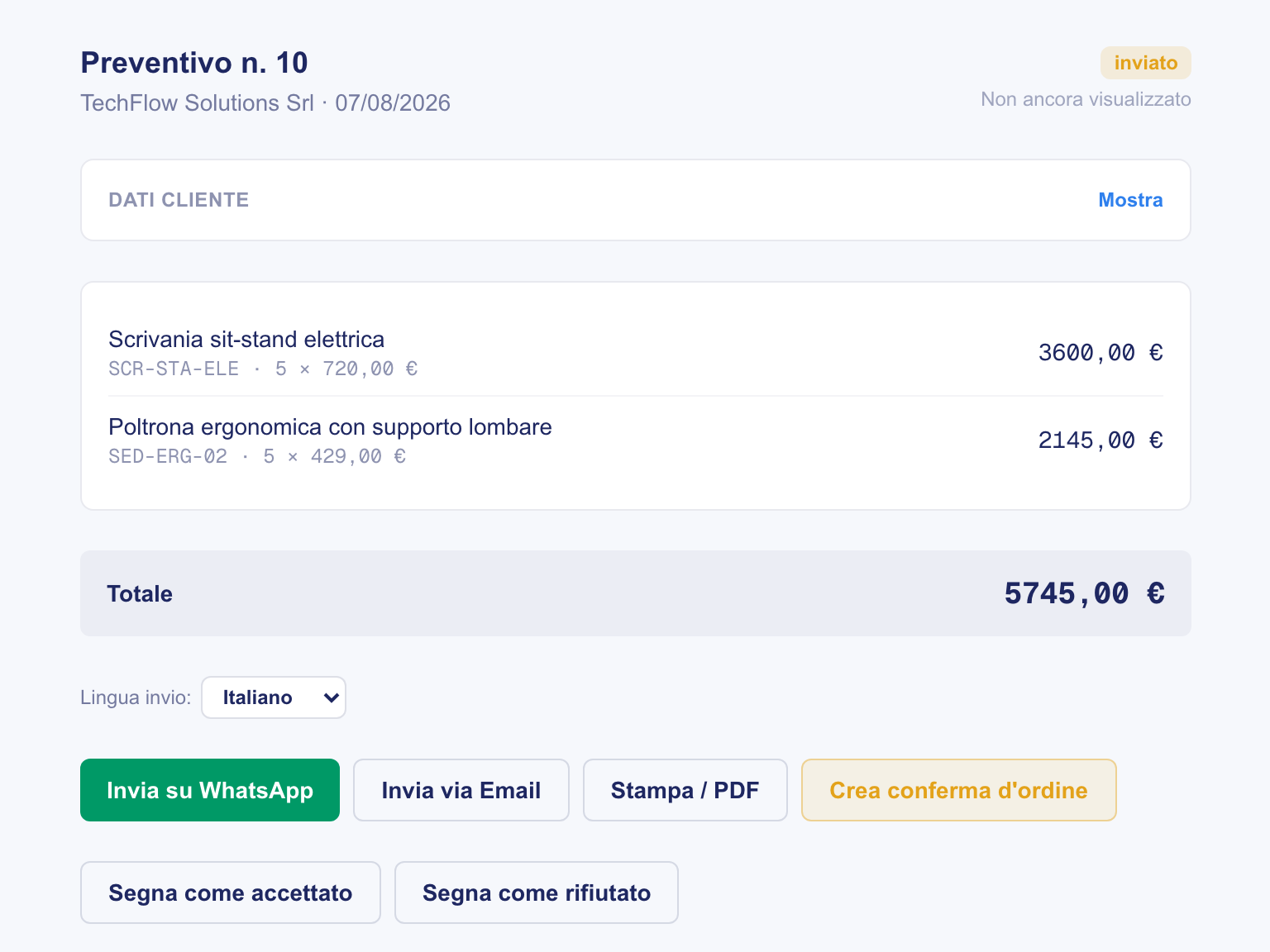 Preventivo su SalesMind pronto per l'invio su WhatsApp o email